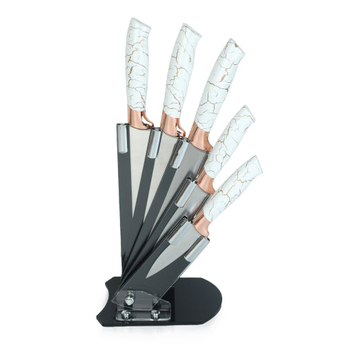 (White Coating Handle) Royalford 5 Piece Kitchen Knife Set with Holder