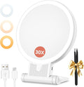 Auxmir 30X Magnifying Mirror, Double Sided 1X /30X Makeup Mirror with Light, Folding Lighted Rechargeable Beauty for Travel, Rotating 3 Color Lights, Dimmable Touch Screen