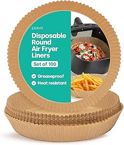 Livivo Disposable Round Air Fryer Liners - Disposable, Greaseproof, Heat Resistant to 220°C, Food Grade LFGB Standard, Compatible with Ninja, Tower, COSORI - Pack of 100