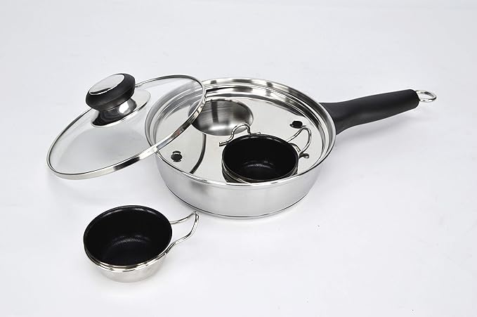RUNZI 2 Cups Egg Poacher Pan - Stainless Steel Poached Egg Cooker – Perfect Poached Egg Maker – Induction Cooktop Egg Poachers Cookware Set with 2 Nonstick Large Silicone Egg Poacher Cups