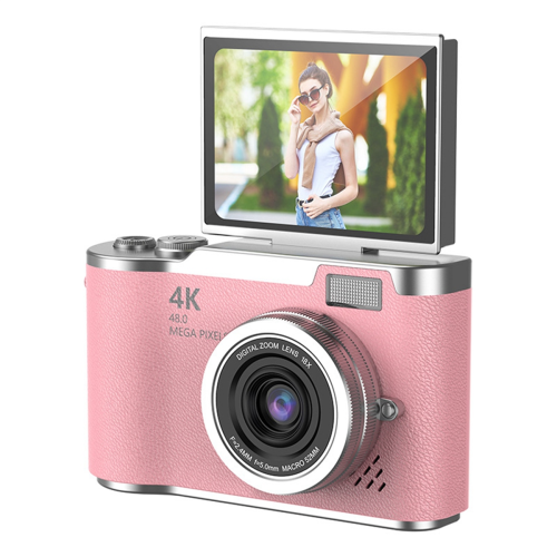4K CCD 8X Digital Zoom Camera for Student 48MP Compact Photography 180 Flip Screen Selfile Pink