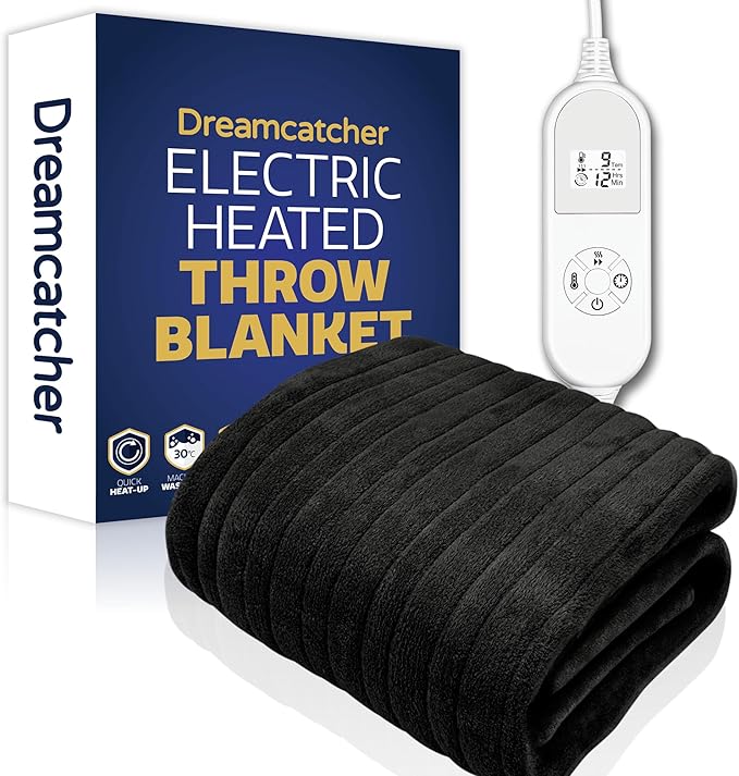 Dreamcatcher Black Heated Throw Electric Blanket, 160 x 120cm Heated Blanket Machine Washable Soft Fleece Electric Throw Overblanket with 12HR Timer and 9x Control Heat Settings