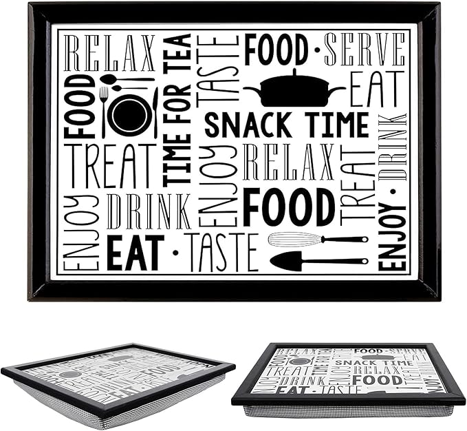 The Magic Toy Shop Wooden Lap Trays with Bean Bag Cushion with Snack Time Design - Large Padded Tray with Cushion for Kids Adults - Multipurpose, Suitable for Food, Work, Art, Studies, TV, Sofa, Bed