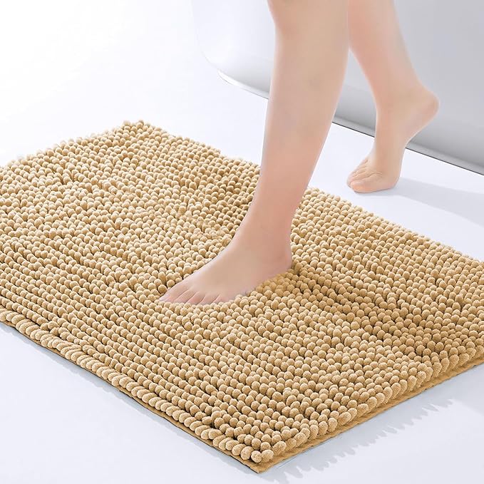 Hafaa Bath Mat Non Slip Anti Mould – Beige Chenille Bathroom Mat 40 x 60 cm Machine Washable Bath mats Super Absorbent Extra Soft Fluffy Shower mat
