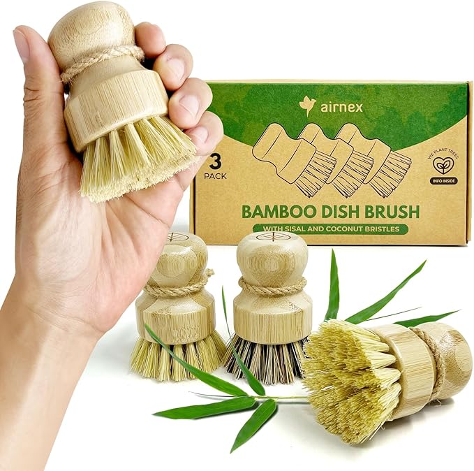 Bamboo Dish Brush Set of 3, 100% Plant-Based Washing Up Brushes for Kitchen with Sisal and Coconut Bristles, 2 Brush Types, No Scratch Wooden Dish Brush - Quick-Drying Odour Free Scrubbing Brushes