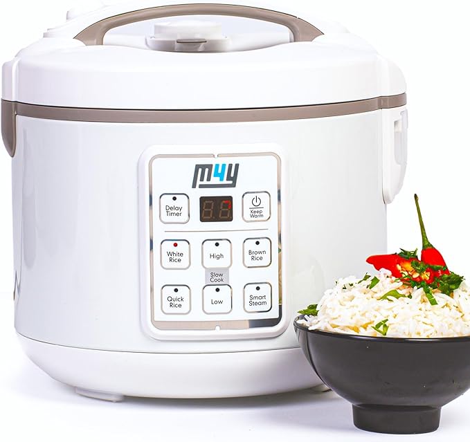 M4Y Rice Cooker, Slow Cooker and Food Steamer For 1-6 People – 1.2 Litre - Keep Warm Function, Delay Timer, Premium Inner Pot, Spatula & Measuring Cup, Perfect Rice Every time– Quick & Easy