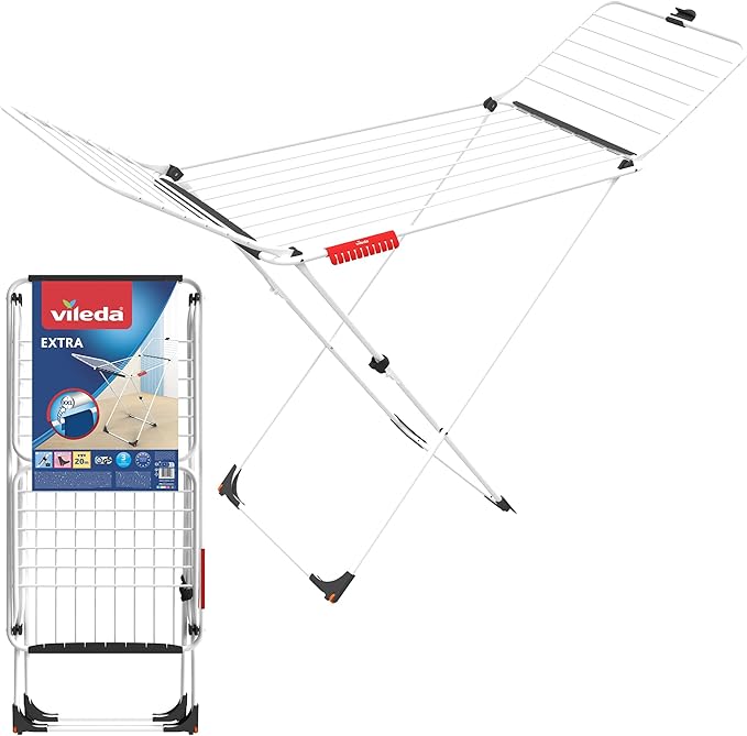 Vileda Extra X-Legs Clothes Airer, Indoor Drying Rack, 20 Metre Drying Space, Foldable Compact Clothes Dryer, Thick Wires for Fewer Creases, Wheels to Easily Manoeuvre