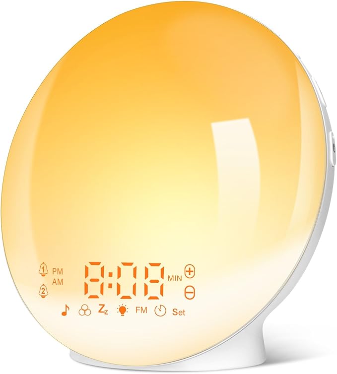 Sunrise Alarm Clocks, Wake Up Light with Sunrise/Sunset Simulation Dual Alarms Bedside Night Lamp Snooze Function FM Radio 7 Natural Sound 11 Colorful Atmosphere Lamp(White)[Energy Class G]