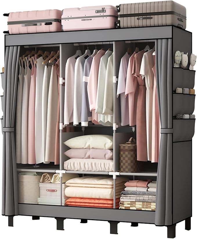 Canvas Wardrobe for Bedroom Fabric Wardrobe with 3 Hanging Rails, Portable Temporary Stable Base172 * 130 * 45cm (3 Columns, 130cm/51.2inch Width, Grey)
