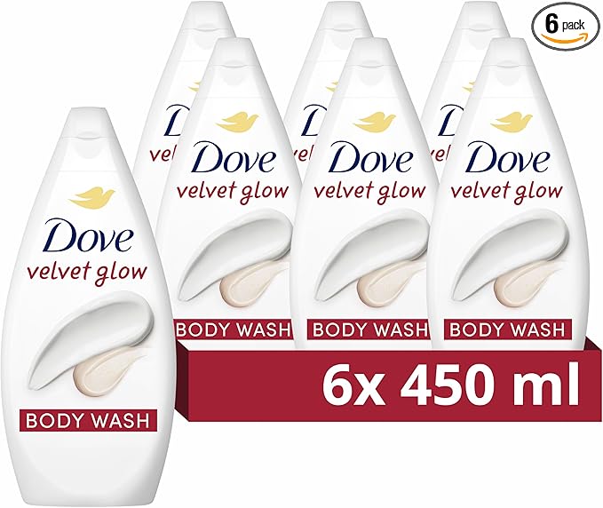 Dove Velvet Glow Body Wash Body Cleanser shower gel with plant-based moisturisers for softer, smoother skin after one shower 6x 450 ml
