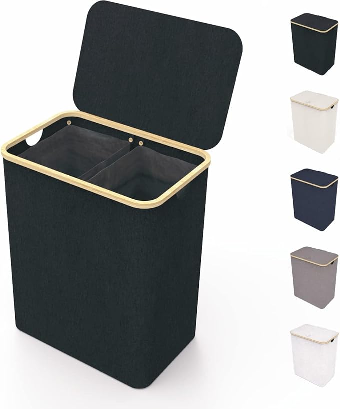 LONBET 150L Double Laundry Basket with Lid and Sturdy Bamboo Frame - Aesthetic Laundry Hamper with Side Handles, Made from Breathable Fabric - Laundry Bin with Removable Bag, Clothes Basket Black