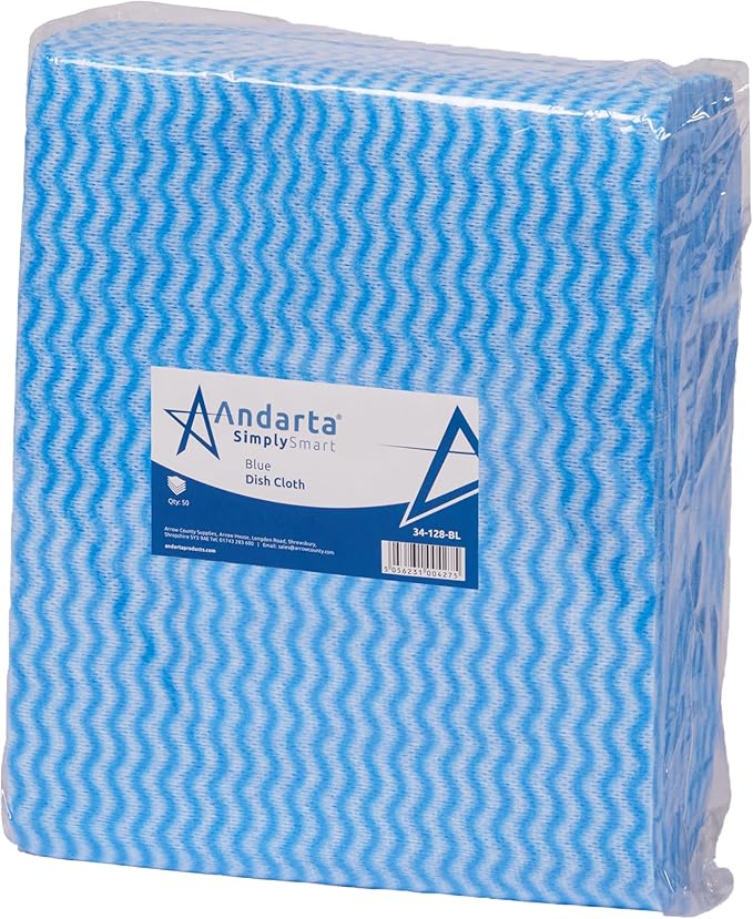andarta - Blue J-Dish Cloths - Pack of 50 (35 x 42cm) - Versatile Cleaning Cloths for Kitchens, Bathrooms and General Areas - Absorbent, Quick-Drying, Washable and Lightweight