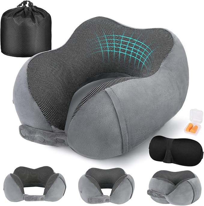 Travel Pillow for Airplane, Neck Pillow for Travel, Memory Foam Travel Neck Pillow for Adults, Adjustable & Compact Flight Pillow, Ergonomic Neck Cushion, With Ear Plugs, Eye Mask, Carry Bag