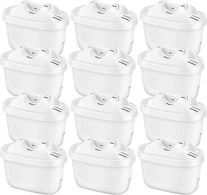 12 Pack Replacement Water Filter Cartridges Compatible with Brita Maxtra+ Jug, Brita Style, Mavea Elemaris XL Water Tank, 4 Layers Filtration