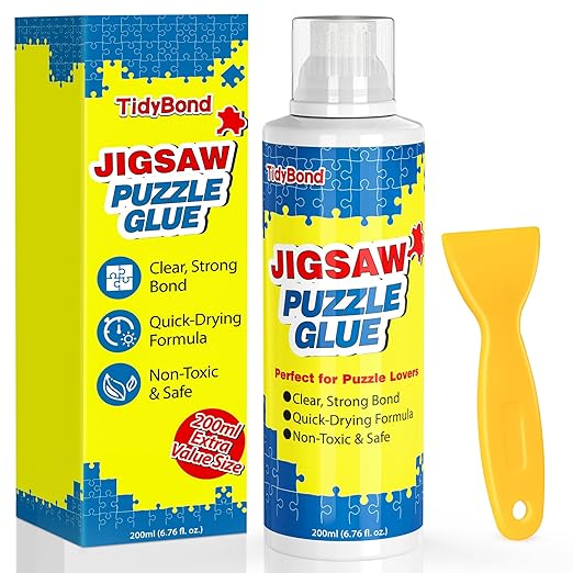 Jigsaw Puzzle Glue with Sponge Tip & Squeegee – Clear, Fast-Drying Puzzle Sealer for 1000/3000/5000 Piece Puzzles – Non-Toxic Adhesive for Paper & Wooden Jigsaw Puzzles – 200ml