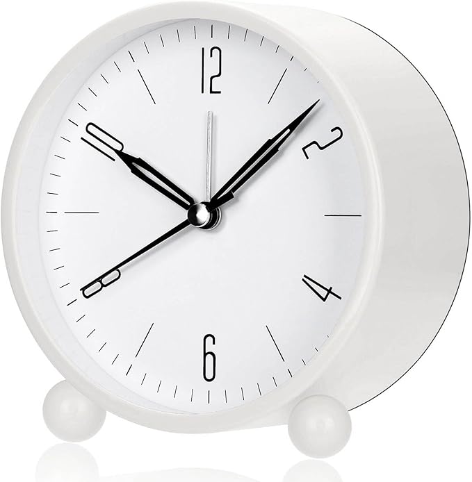 Jisile Alarm Clock, 4 Inch Round Battery Operated Analog Alarm Clock Silent Non Ticking, Easy Set and Night Light Function, Simple Stylish Design for Desk/Bedroom Gift Clock(White)