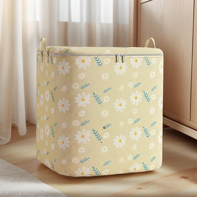 Clothes Storage Bag, Clothing Blanket Organizer with Handle and Lids, Fabric Storage Box for Closet Wardrobe Bedroom Home, Beige, 140 L