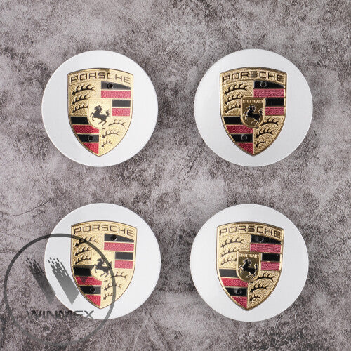 Set of 4 Silver Gold Porsche logo centre alloy wheel caps 75mm