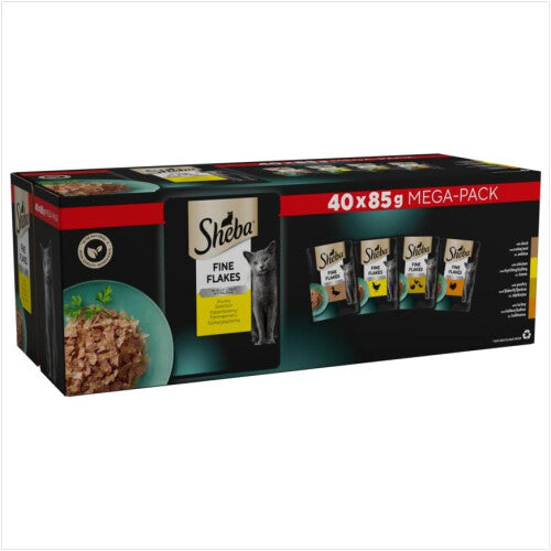 Sheba Fine Flakes Poultry Collection in Jelly 40 Pouches, Adult Wet Cat Food, Megapack , 85 g (Pack of 40)