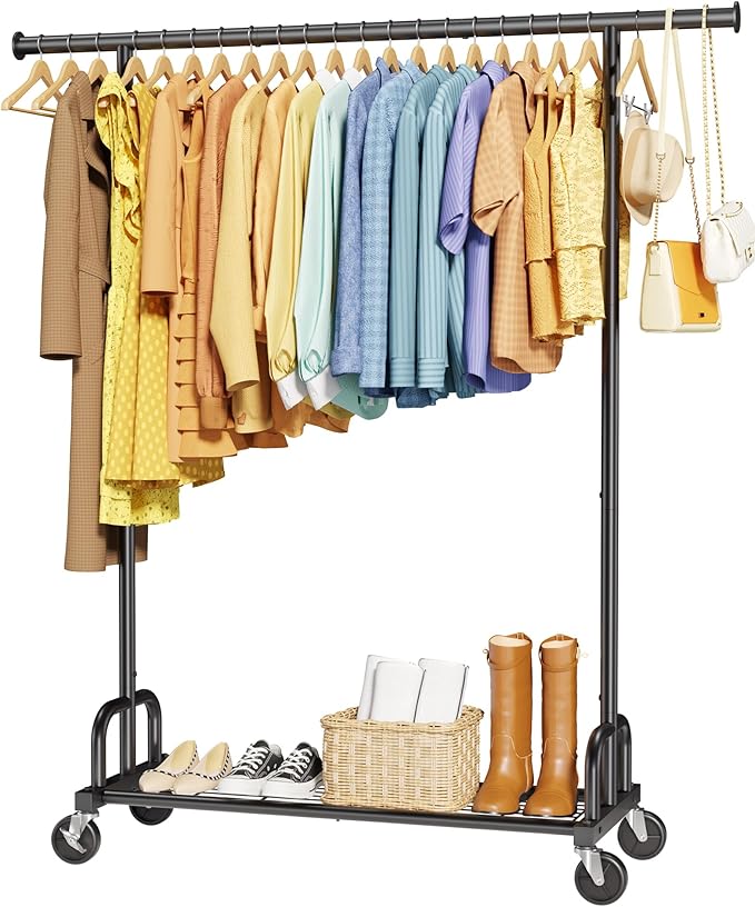 Clothes Rail – Heavy Duty Clothes Rack with Wide Fixed Rod, Built-In Mesh Shelf, Space-Saving Clothing Rail for Bedroom, Laundry Room, Entryway, 116 x 43 x 150 cm, Black