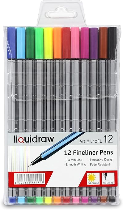 Liquidraw Fineliner Colouring Pens - 12 Pack | 0.4 mm Fine Tip | Assorted Vibrant Colours | Innovative Design Ideal for School, Work & Office Use | Easy Storage See-Through Wallet | Fade Resistant