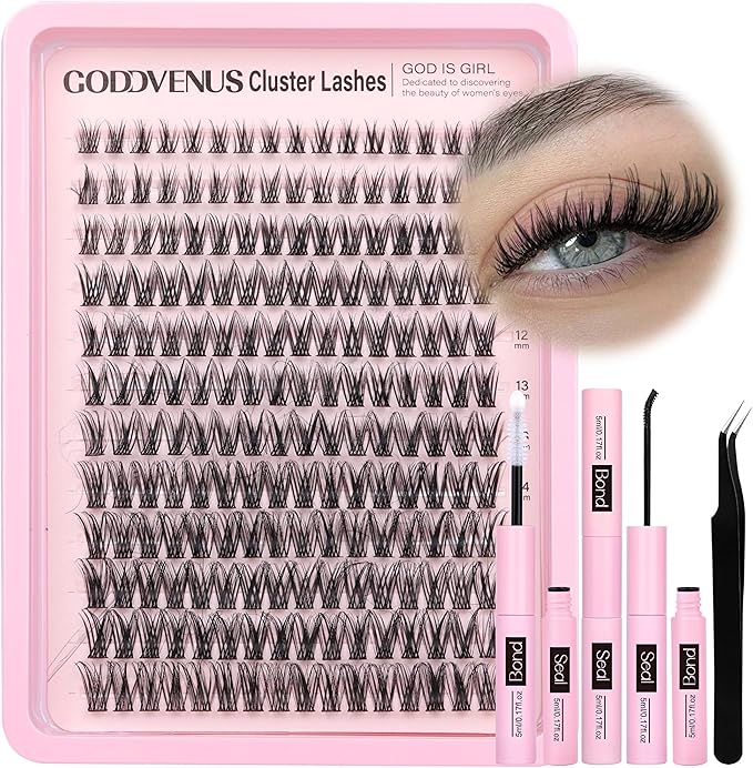 Individual Eyelashes Wispy Lash Clusters Kit D Curl Eyelashes Individual Kit Natural Lash Extension Kit with Russian Cluster Lashes Glue Bond and Seal and Lash Tweezers (D Curl 192pcs)