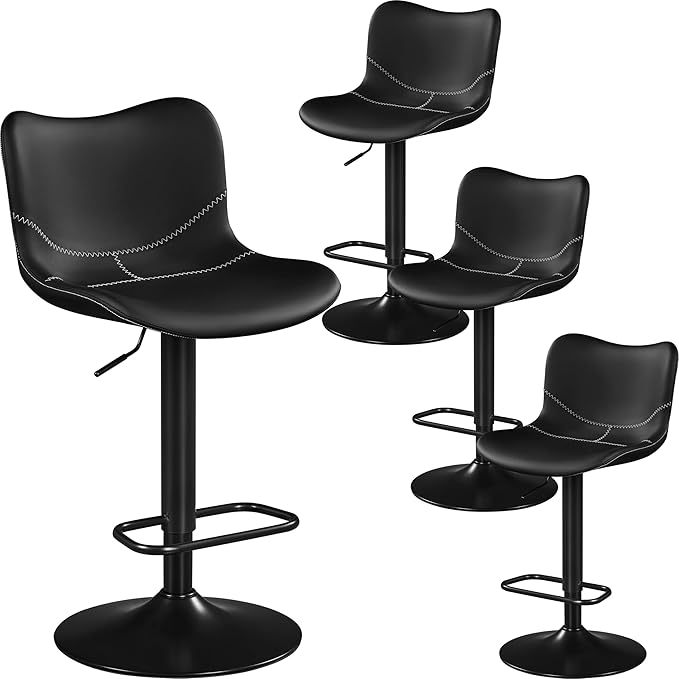Yaheetech Bar Stools Set of 4, PU Leather Barstools with Backrest and Footrest, Height Adjustable Swivel Bar Chairs, Modern Armless Counter Stools Home Kitchen Island Stool, Black
