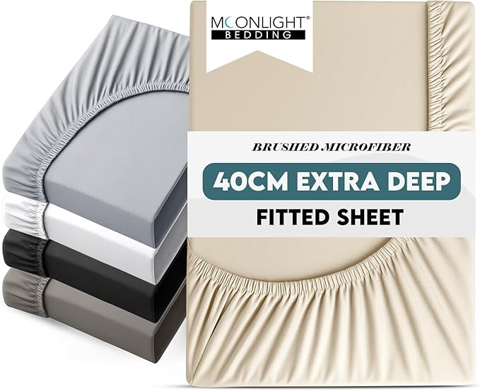 Moonlight Bedding Fitted Sheet 40 Cm Extra Deep Pocket Bed Sheets 16 inch Ultra Soft Bottom Sheet Brushed Microfiber Breathable Shrinkage and Fade Resistant (Cream, Double)