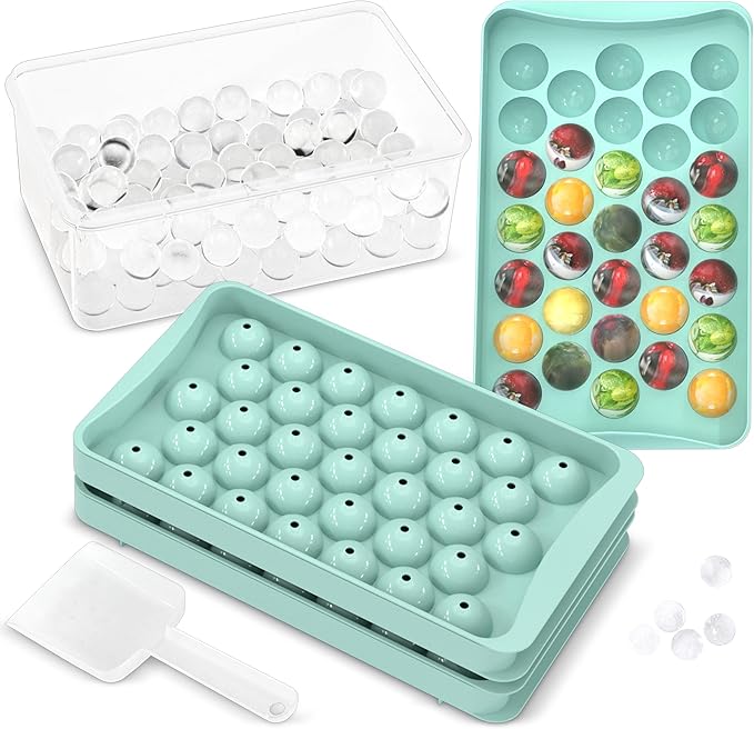 KICHLY 3 Ice Cube Tray Balls - Ice Cube Maker for Freezer – BPA Free – Perfect for Chilling Cocktails, Whiskey, Coffee Effortless Release (99 Spherical Balls Includes Ice Bin & Ice Tong-Blue)