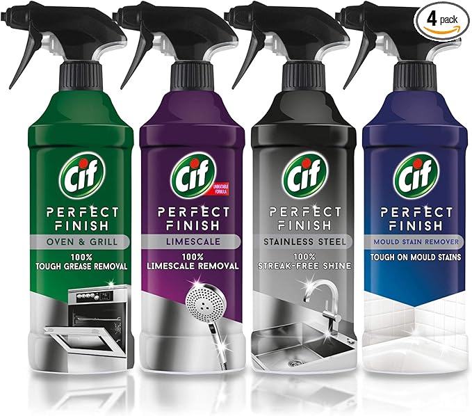 Cif 4 in 1 Cleaning Spray Kit Perfect Finish, Oven & Grill Cleaner, Limescale Remover, Stainless Steel Cleaner & Mould Remover, Multi Surface Kitchen & Home Cleaner, 4 x 435ml
