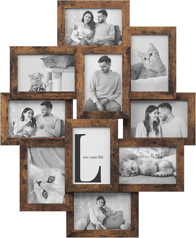 SONGMICS Collage Picture Frame, 10 Frames for 4x6 Photos, Multi Wall Decor, Rustic Brown RPF020X01
