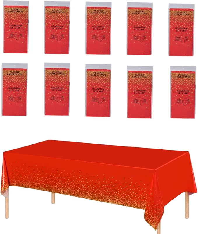 10 Pack Rectangular Plastic Tablecloths - Red & Gold Party Table Covers (274x137cm) - Gold Polka Dots Tablecloth for Party, Wedding, Christmas, Festive Events
