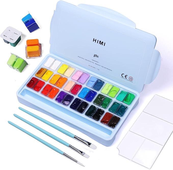 HIMI Gouache Paint Set, 36 Colors x 12ml Twin Jelly Cup Design with 3 Paint Brushes and a Palette in a Carrying Case Perfect for Artists, Students, Gouache Opaque Watercolor Painting
