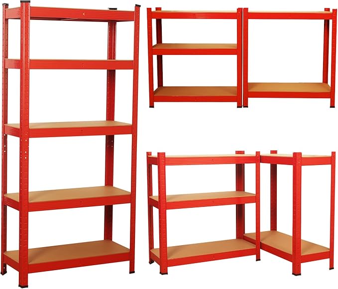 5 Tier Garage Shelves Metal Storage Shelving Heavy Duty Shed Storage Racking Unit Adjustable Boltless for Warehouse Workshop Office (Red, 90x40x180cm)