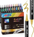 24 Colours Dual Tip Metallic Acrylic Paint Pens Set, Fine & Brush Nib Metallic Paint Markers, Multi-Surface Acrylic Marker Pens for Crafts, Rocks, Canvas, Glass, Wood, Ceramics & Clothes