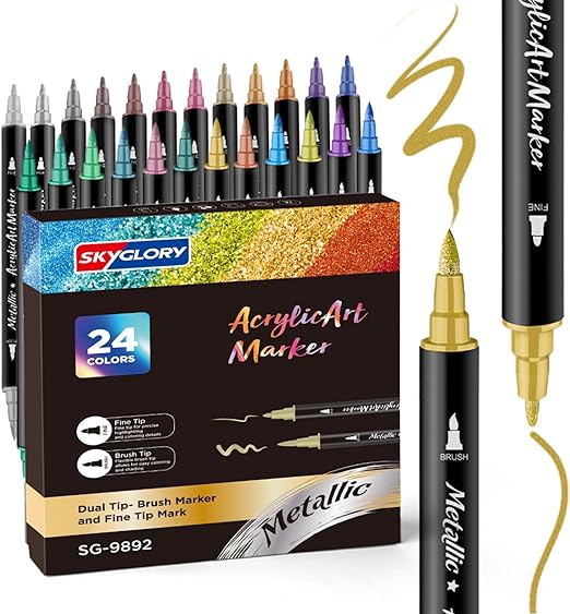 24 Colours Dual Tip Metallic Acrylic Paint Pens Set, Fine & Brush Nib Metallic Paint Markers, Multi-Surface Acrylic Marker Pens for Crafts, Rocks, Canvas, Glass, Wood, Ceramics & Clothes