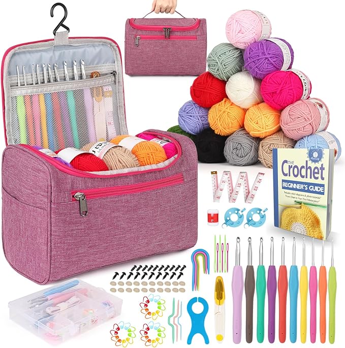 Reessy Crochet Kit, Crochet Kits for Beginners Adults include Instructions 10 Size Crochet Hooks 15Pcs×25g Yarn Storage Bag and Crochet Accessories, Complete Crochet Start Kit - Pink