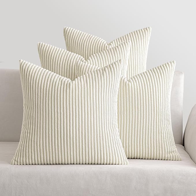 MIULEE Set of 4 CorduroyCushion Covers Soft Decorative Square Throw Pillow Covers for Spring Cushion Soft Pillowcase Striped Cushion Covers Pack of four for Home decor Sofa 18x18inch Cream