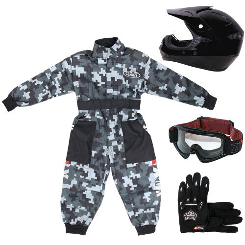 (Gloss Black, M) ZORAX X15 Motorbike Kids Motocross Helmet Karting Gloves Goggles Camo Race Suit