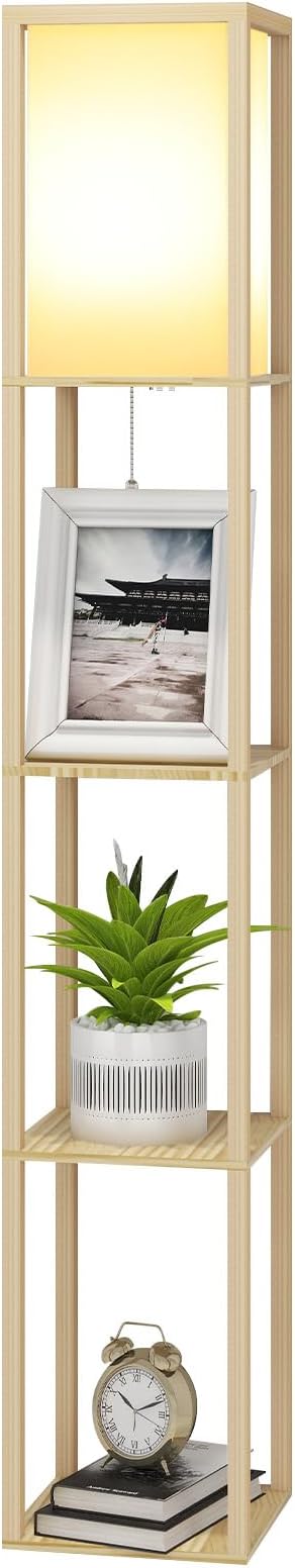 PULUOMIS Floor Lamp with Shelves, 3 Layers Wooden Shelf Standing Light, Modern Reading Lamp for Bedroom, Living Room, Office, Home Decoration (Size:26x 26x 160 cm) (Without Bulb)-Oak[Energy Class F]