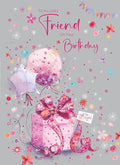 Cherry Orchard | To a Lovely Friend Birthday Card | Pink Presents & Balloons | Flowers & Stars | Birthday Card for Friend | Complete with Envelope
