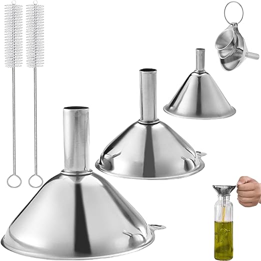 5 PCS Kitchen Funnel Set - Multi-use Food Grade Funnels With Handle, 3 Piece Set With 2 Cleaning Brushes for Filling Bottles, Liquid, Spices, Powder, Oils