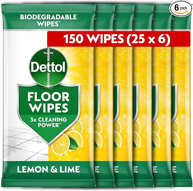 Dettol, Floor Cleaner, Antibacterial, Large Wipes, Citrus, 150 Wipes Total (25 x 6pck) Disinfectant, Home Hygiene, Biodegradable, Kills 99.9 Percent of Germs