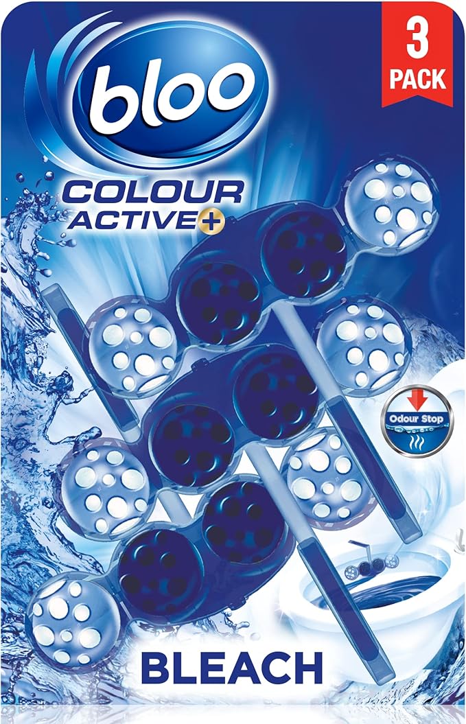 Bloo Colour Active Toilet Rim Block Bleach with Anti-Limescale, Cleaning Foam, Dirt Protection and Extra Freshness with Bloo Odour-Stop Technology, Pack of 2 Rimblocks, Pack of 3 Rimblocks
