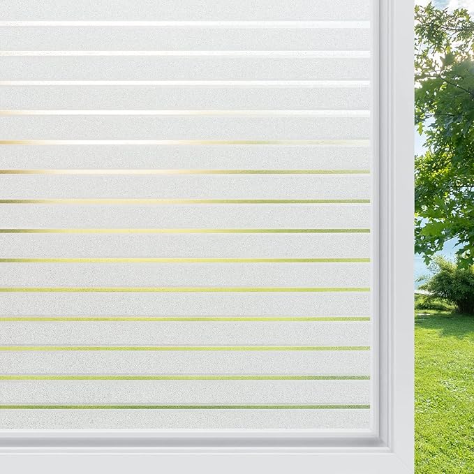 rabbitgoo Window Film Privacy Film for Glass Windows Static Cling 44.5 x 150 cm, Frosted Privacy Sticker No Glue Glass Coverings Opaque UV Protection White Stripe for Office Living Room Kitchen