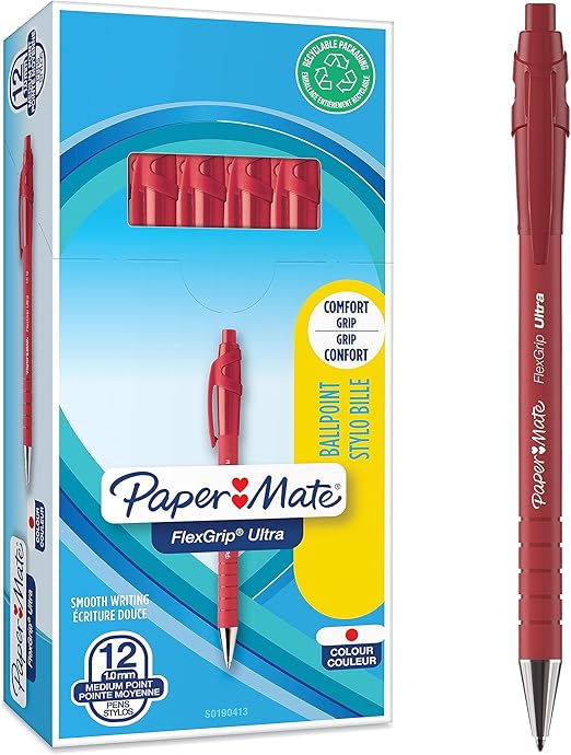 Paper Mate Flexgrip Ultra Retractable Ballpoint Pens | Medium Point (1.0mm) | Red | 12 Count