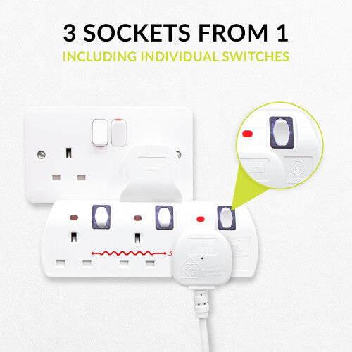 Benross 45610 Premium 3-Way Wall Adaptor Socket with Individual Switches & Surge Protection (UK Plug)