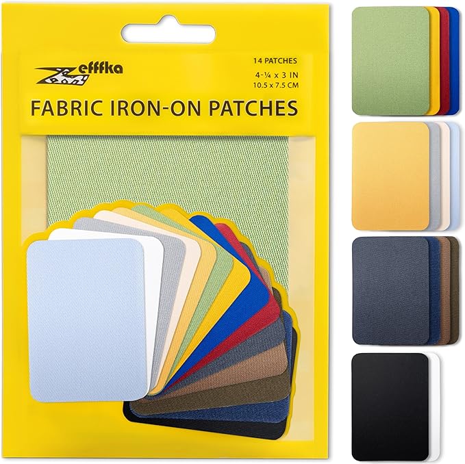 ZEFFFKA Fabric Iron-on Patches Inside & Outside Strongest Glue 100% Cotton Blue Gray Beige Brown Yellow Red Green Repair Decorating Kit 14 Pieces Size 3" by 4-1/4" (7.5 cm x 10.5 cm)