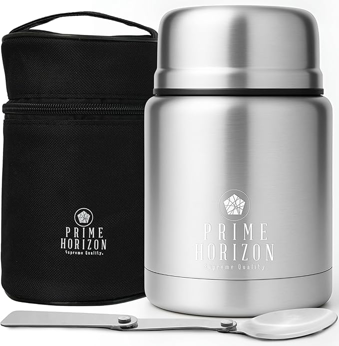 Prime Horizon Food Flask - 500ml Stainless Steel Vacuum Double Wall Jar with Folding Spoon, Leakproof and BPA Free. Free Insulated Travel Bag with Carabiner and Gift Box (Silver)