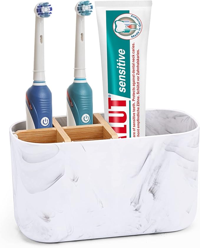CHONLY Bamboo Toothbrush Holder for Bathroom Storage Organizer Caddy, Electric Toothbrush Holder for Kids Family, 5 Slots Toothbrush and Toothpaste Holder White